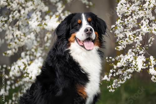 happy bernese mountain dog portrait under blooming cherry tree branches in spring