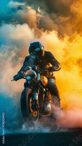 A motorcycle rider riding through smoke, generated with AI © sch_ai