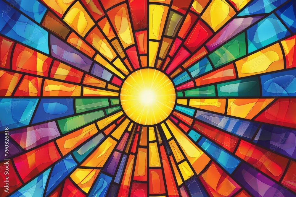 A background of stained glass sun bright colors, illustration generated with AI