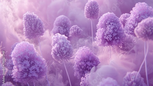 Dreamy, ethereal scene of purple allium flowers on a soft, misty background photo
