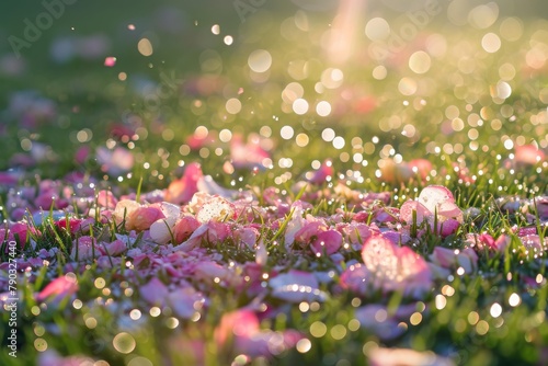 A Field Filled With Pink Flowers Covered in Dew, Confetti gently resting on dew-kissed grass after an early morning celebration, AI Generated