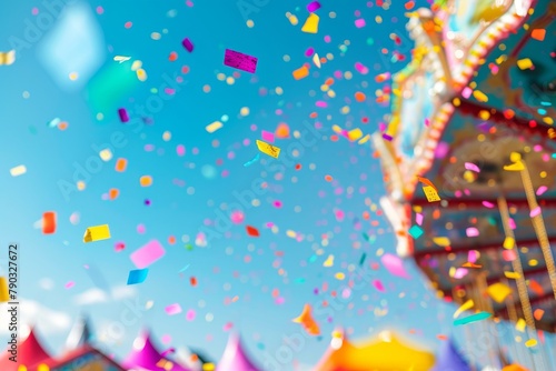 A vibrant carnival ride stands tall in the background while colorful confetti descends from above, Confetti streaming down in front of a colorful carnival ride, AI Generated