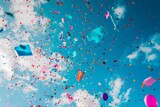 A vibrant blue sky is crowded with numerous colorful balloons, creating a lively and cheerful atmosphere, Confetti-filled sky during a festive celebration, AI Generated
