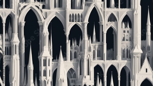 Abstract architecture. Minimalist geometric building shapes seamless pattern, Gothic cathedral spires, medieval aesthetic. © xKas