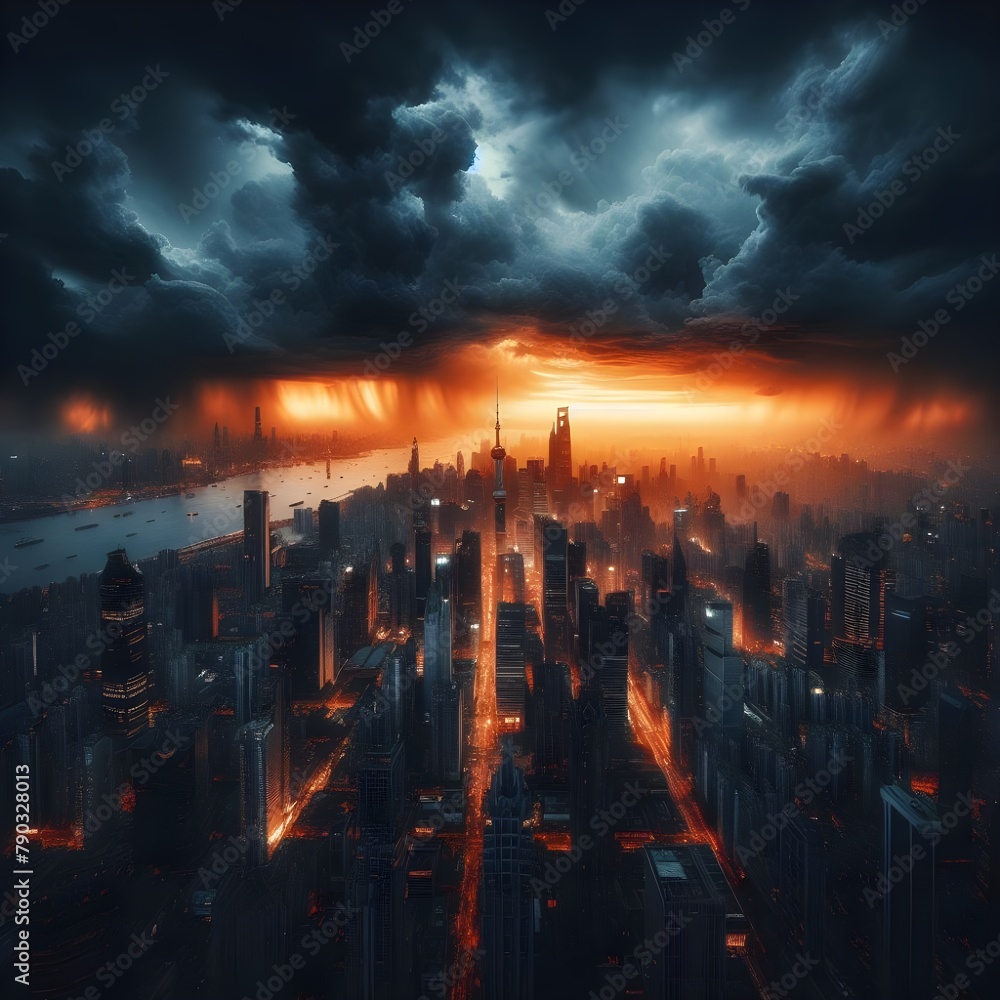 The apocalyptic night image of a city.