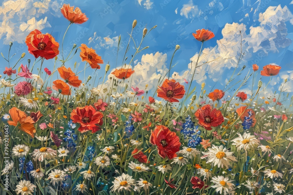 Obraz premium An Impressionist landscape painting of a sunny field of wildflowers, generated with AI