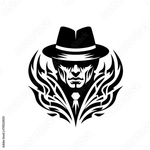 mafia; gangster in modern tribal tattoo, abstract line art of people, minimalist contour. Vector