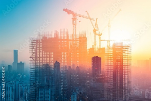A photo of a city skyline with a crane in the background, showcasing urban development, Construction progression superimposed on a future urban skyline, AI Generated