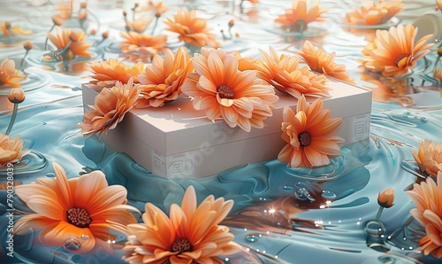 a boxes over some orange flowers floating on a water, in the style of kimoicore, ultra realistic, kaja foglio, illustrated advertisements, light silver and pink, rico lebrun, avian-themed photo