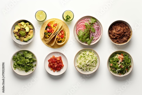 Mexican dishes, top view, isolate on white