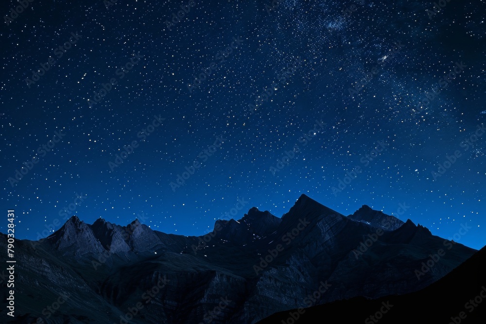 The photo captures the majestic night sky filled with stars shining above a rugged mountain range, Contours of a mountain range under a star-lit night sky, AI Generated