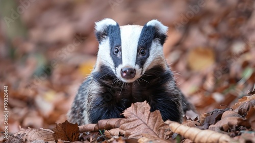 A badger is sitting in a pile of leaves with his nose poking out, AI