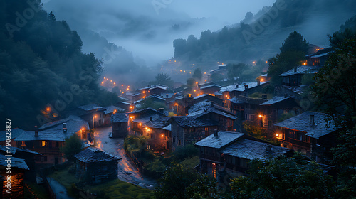 An ancient village with stone houses shrouded in misty night ambiance, evoking an ethereal atmosphere and timeless charm photo