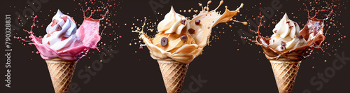 Three ice cream cones with dynamic splashes of flavors: strawberry, vanilla with caramel, and chocolate, isolated on a dark background. photo