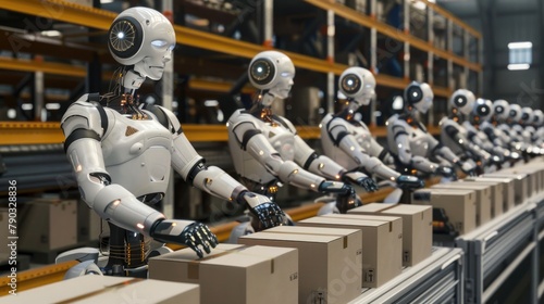 A team of collaborative robots working together to pack orders, with an AI system coordinating their movements.