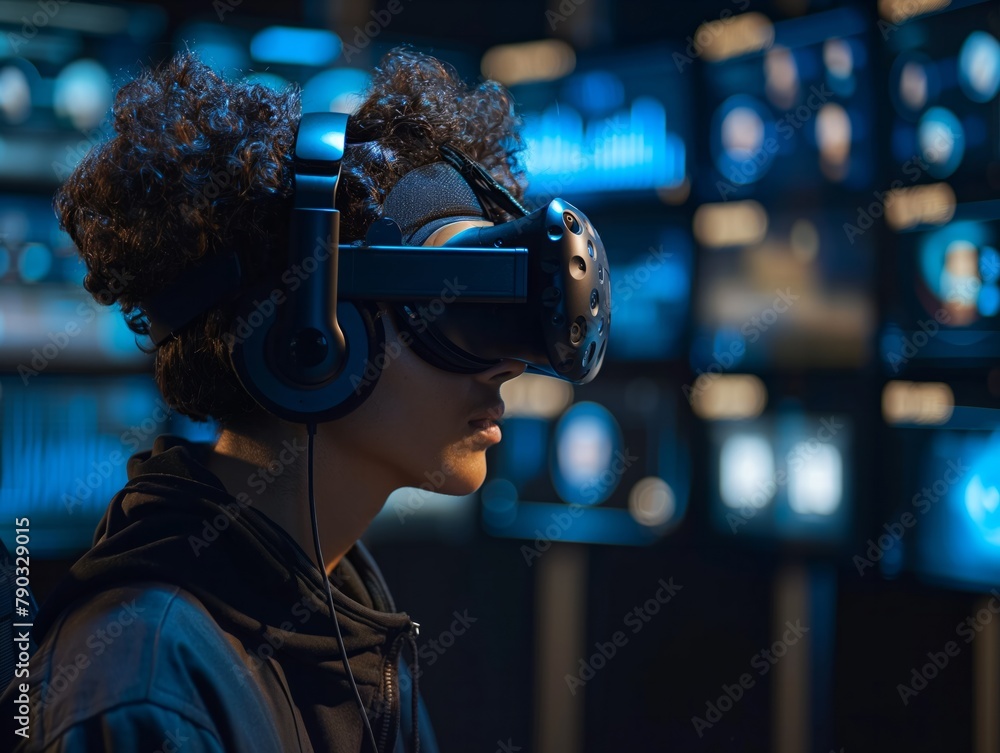 A woman wearing a virtual reality headset is looking at a computer screen. Scene is futuristic and exciting, as the woman is immersed in a virtual world