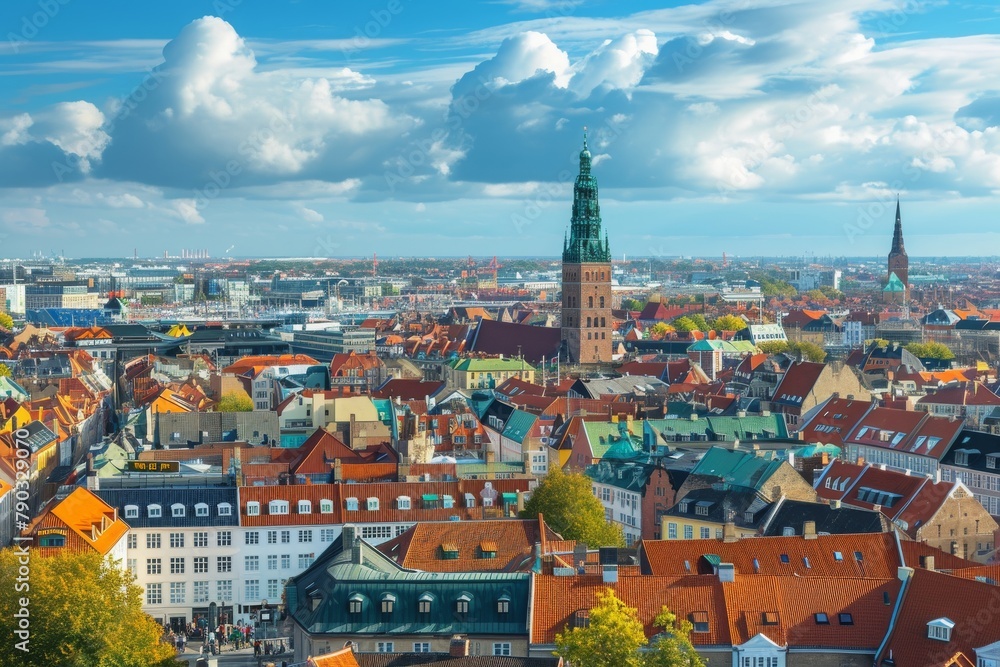 A Panoramic View of a City From a High Vantage Point, Copenhagen's colorful skyline seen from sky during daylight, AI Generated