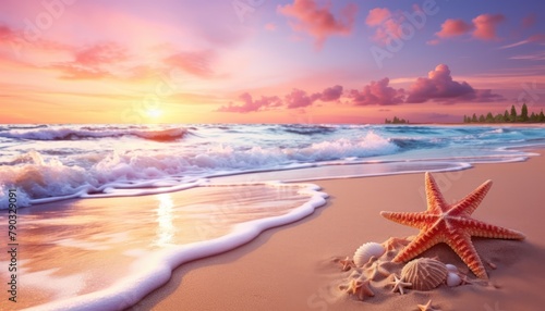 View of the beach waves is truly amazing and creates wisps of white foam on the shoreline, with stunning vibrant reflections of sunlight, sea creatures, shells, starfish and turtles walk on the beach  © Virgo Studio Maple