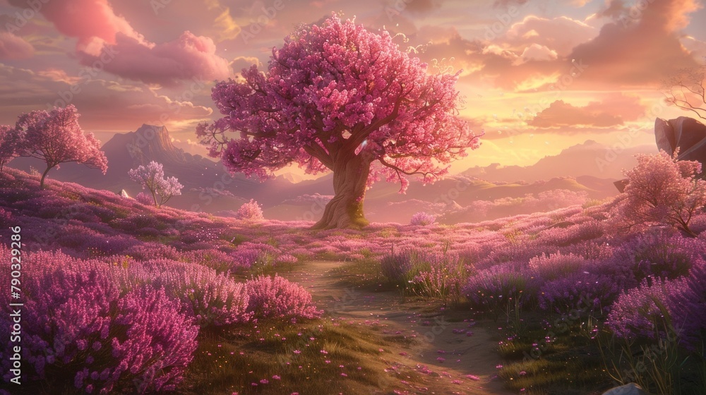 A powerful horse gallops through a vibrant field, framed by a majestic tree adorned with delicate lavender blooms. A powerful horse gallops through a vibrant field, framed by a majestic tree adorned with delicate lavender blooms.