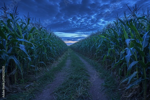 A photo of a corn field with a dirt path leading to it, showcasing the natural landscape and agricultural setting, Corn maze under the indigo twilight, AI Generated