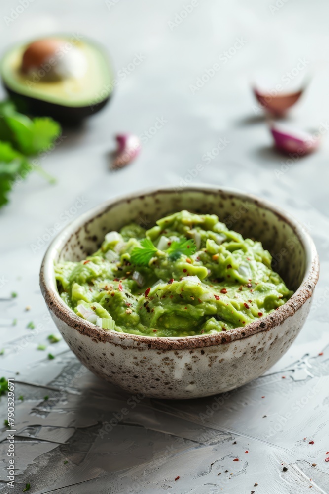 Focus view of yummy homemade guacamole on white stone background, generated with AI Focus view of yummy homemade guacamole on white stone background, generated with AI
