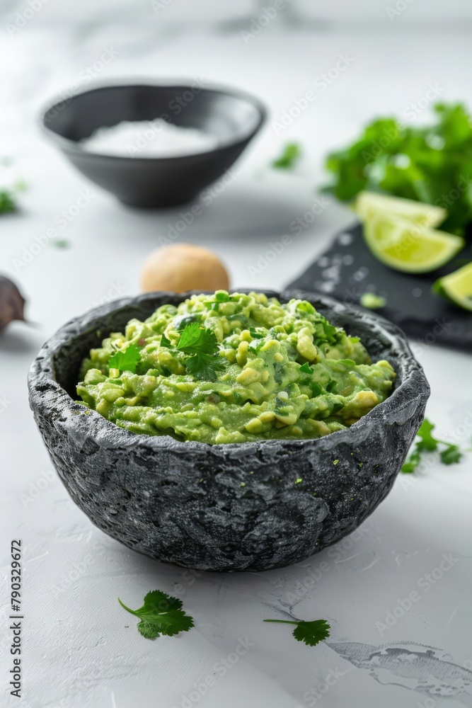 Focus view of yummy homemade guacamole on white stone background, generated with AI Focus view of yummy homemade guacamole on white stone background, generated with AI