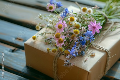 A gift wrapped in brown paper, adorned with a bunch of wildflowers tied to it, Cottagecore inspired gift box with wildflowers, AI Generated photo