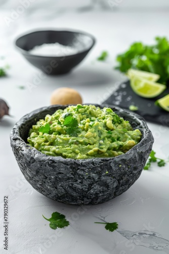Focus view of yummy homemade guacamole on white stone background, generated with AI