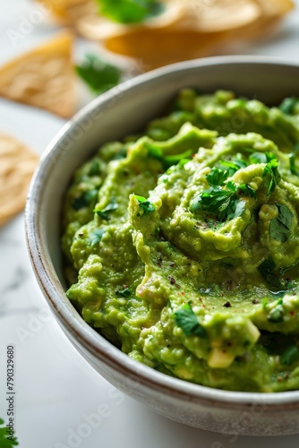Focus view of yummy homemade guacamole on white stone background, generated with AI
