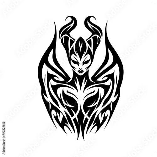 witch queen in modern tribal tattoo, abstract line art of people, minimalist contour. Vector