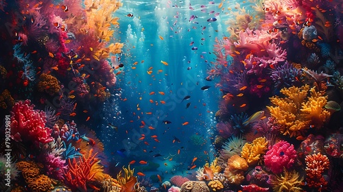 The vibrant colors of a coral reef, teeming with life and energy, each fish and sea creature adding to the kaleidoscope of underwater beauty and diversity.