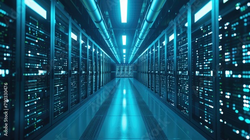 A parallel row of servers, adorned in electric blue, fills a technology-driven data center hallway with a symmetrical display of power and Azure technology. AIG41