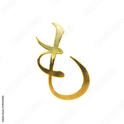 Very realistic golden "も", Japanese Hiragana, Mincho, transparent background