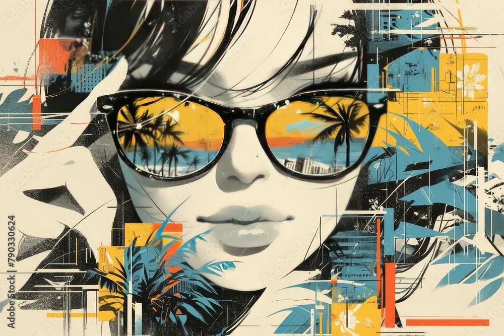 An art collage of retro Miami style photos, featuring iconic palm trees and sunshades. Use bold colors to highlight the tropical theme