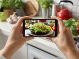 A person is taking a picture of a salad on a plate. The salad is made up of lettuce, tomatoes, and other vegetables. Concept of freshness and health, as the salad is a nutritious and wholesome meal