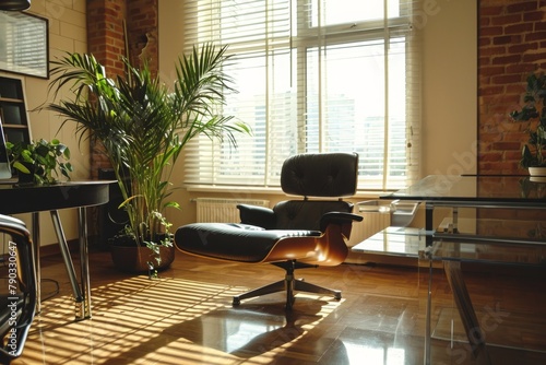 A functional office space featuring a desk, chair, and a plant, providing a comfortable and productive workspace, Cozy and comfortable business office, AI Generated