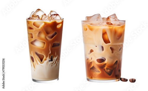 Delicious iced coffee in tall glasses, refreshing summer drink, PNG, transparent background