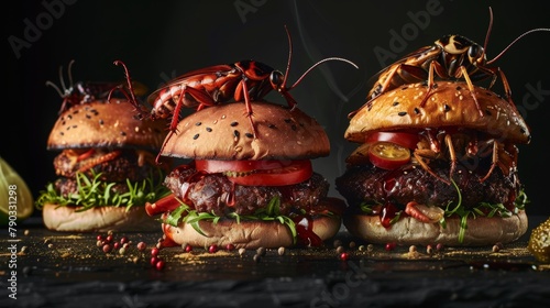 Burgers' patties and insects as a meat substitute, food photography, 16:9