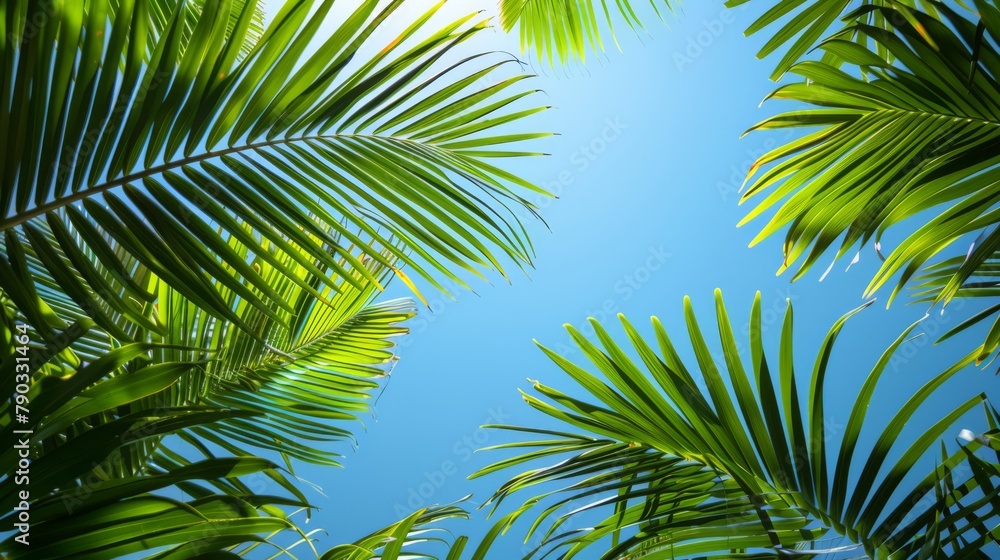 Palm tree leaves close up against clear blue Floral sharp professional and lighting, banner style, generated with AI Palm tree leaves close up against clear blue Floral sharp professional and lighting, banner style, generated with AI