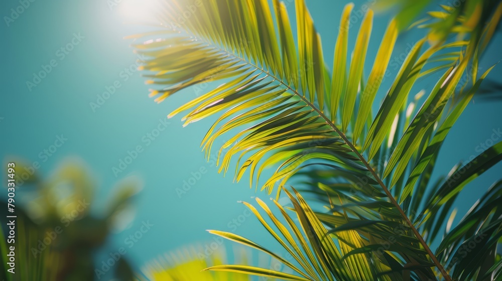 Palm tree leaves close up against clear blue Floral sharp professional and lighting, banner style, generated with AI Palm tree leaves close up against clear blue Floral sharp professional and lighting, banner style, generated with AI