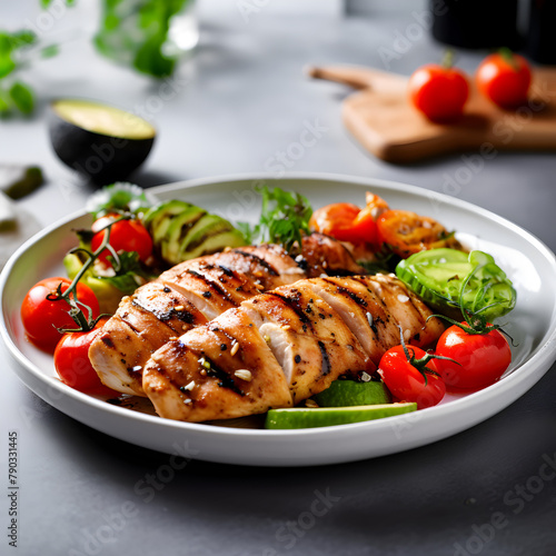 Grilled chicken breast on a plate with fresh vegetables, kitchen table and blurred background 