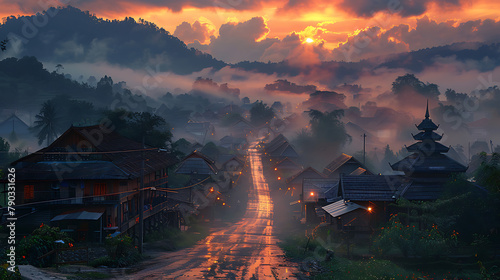 Scenic evening ambiance in a serene Thai village  showcasing rustic charm  traditional architecture  and warm community life amid lush greenery and tranquil ambiance