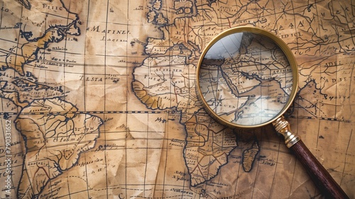 Magnifying glass over old world map focusing on particular area photo