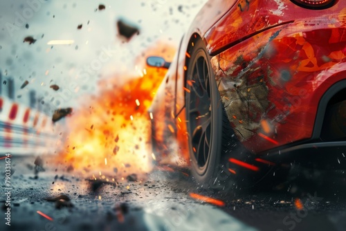 A red car engulfed in a raging inferno emits flames and billowing smoke, Crushing defeat of a sports car breaking down meters away from the finish line, AI Generated © Ifti Digital