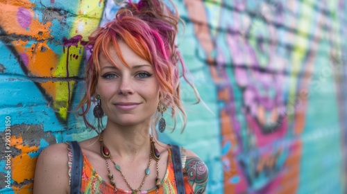 A woman with bright hair standing next to a colorful wall, AI