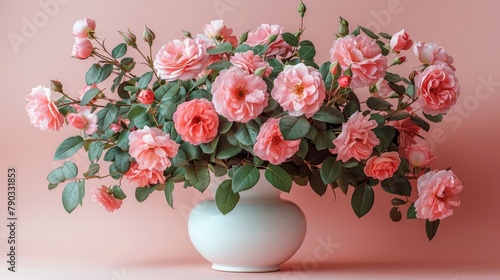 Sensual beautiful composition of bush roses in a white vase place the image on the right on a pink photo quality, generated with AI © sch_ai