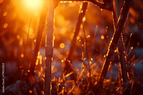 The sun casts a vibrant glow through the blades of grass, illuminating the landscape with its radiant rays, Crutches bathed in warm sunset light, AI Generated