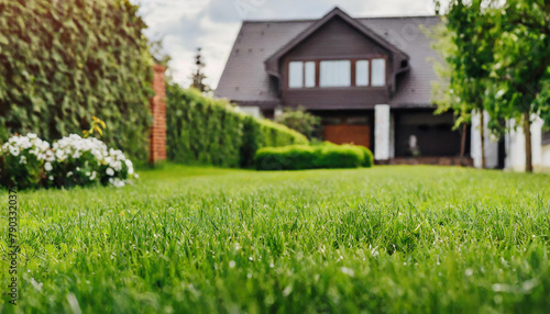 Close-up of green lawn with blurred house in the background. Backyard landscaping.