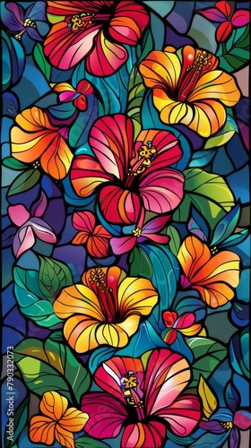 Stained glass background in pattern of hibiscus mandala  generated with AI