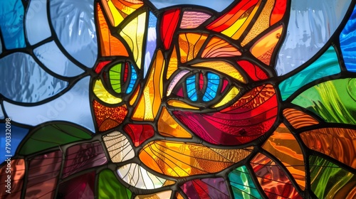 Stained glass style pictyre of a cat, generated with AI photo